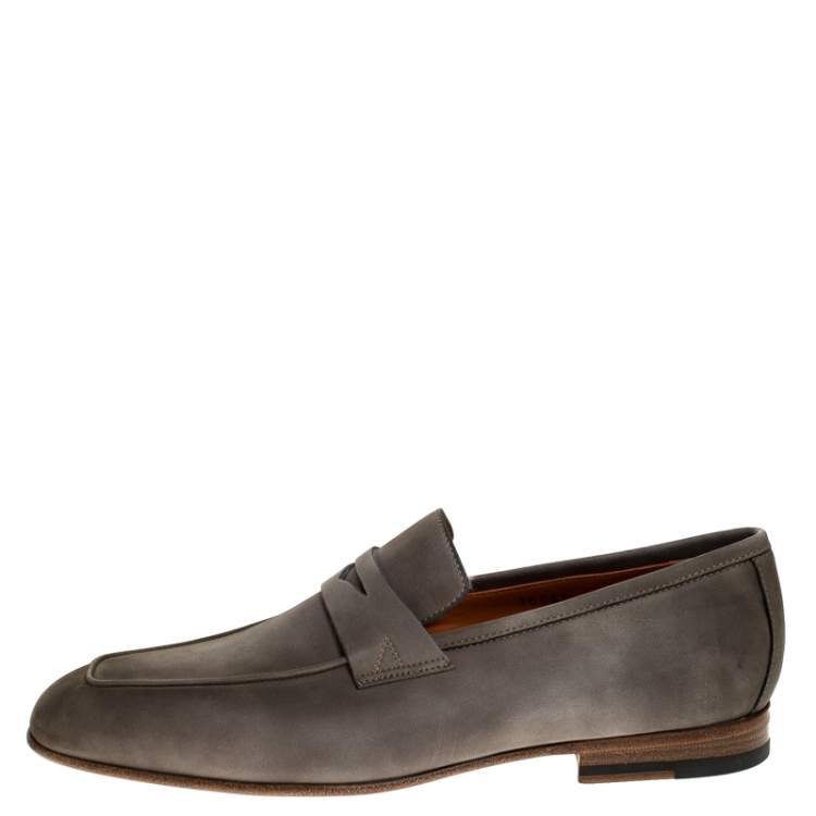Pre Owned Santoni Grey Nubuck Leather Penny Slip On Loafers Size 42