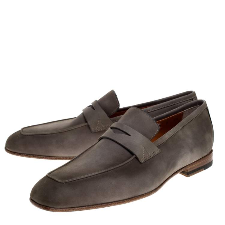 Pre Owned Santoni Grey Nubuck Leather Penny Slip On Loafers Size 41.5
