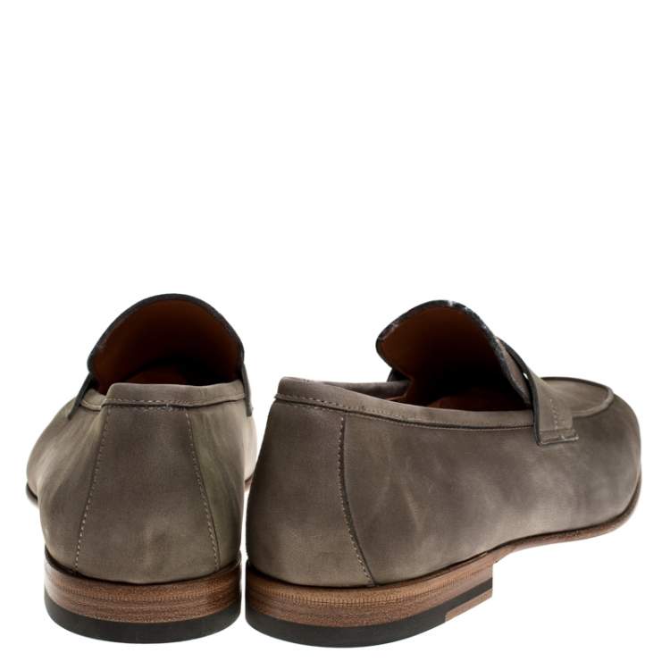 Pre Owned Santoni Grey Nubuck Leather Penny Slip On Loafers Size 42.5