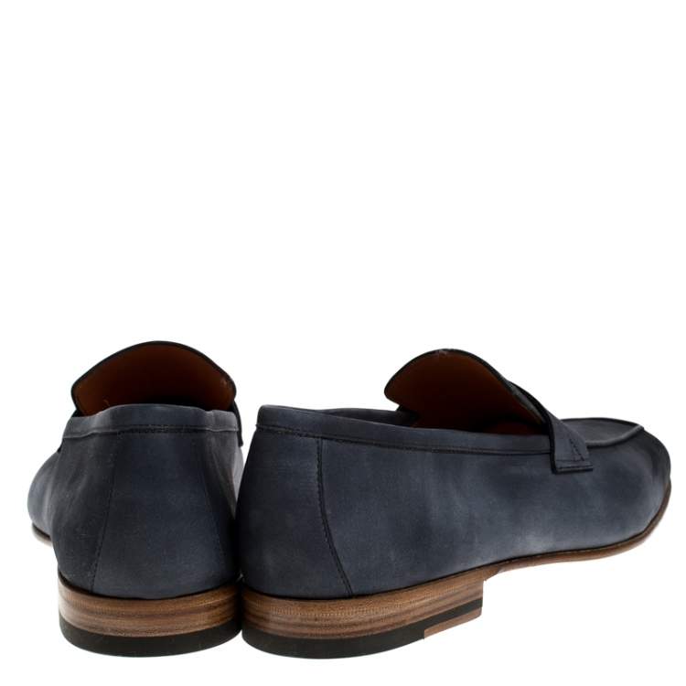 Pre Owned Santoni Blue Nubuck Leather Penny Slip On Loafers Size 43