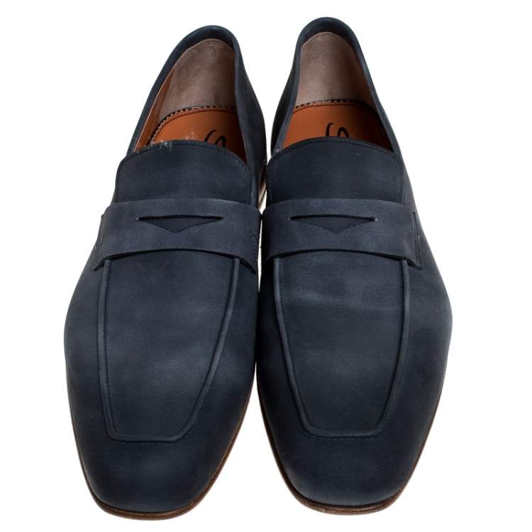 Pre Owned Santoni Blue Nubuck Leather Penny Slip On Loafers Size 43