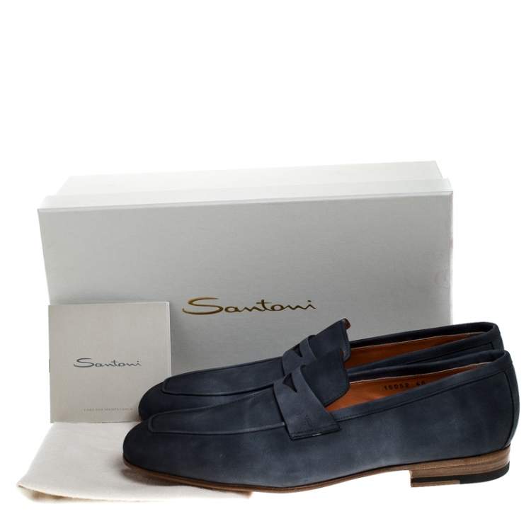Pre Owned Santoni Blue Nubuck Leather Penny Slip On Loafers Size 43