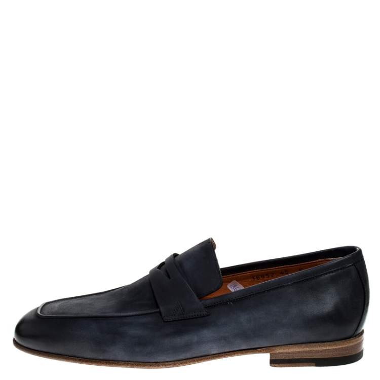 Pre Owned Santoni Blue Nubuck Leather Penny Slip On Loafers Size 41