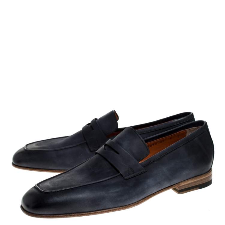 Pre Owned Santoni Blue Nubuck Leather Penny Slip On Loafers Size 41