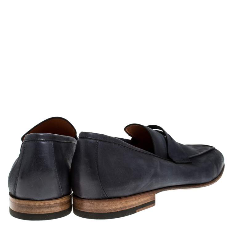 Pre Owned Santoni Blue Nubuck Leather Penny Slip On Loafers Size 44