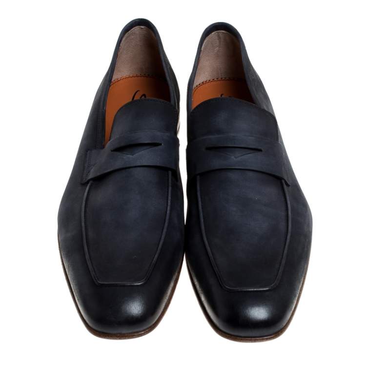 Pre Owned Santoni Blue Nubuck Leather Penny Slip On Loafers Size 44
