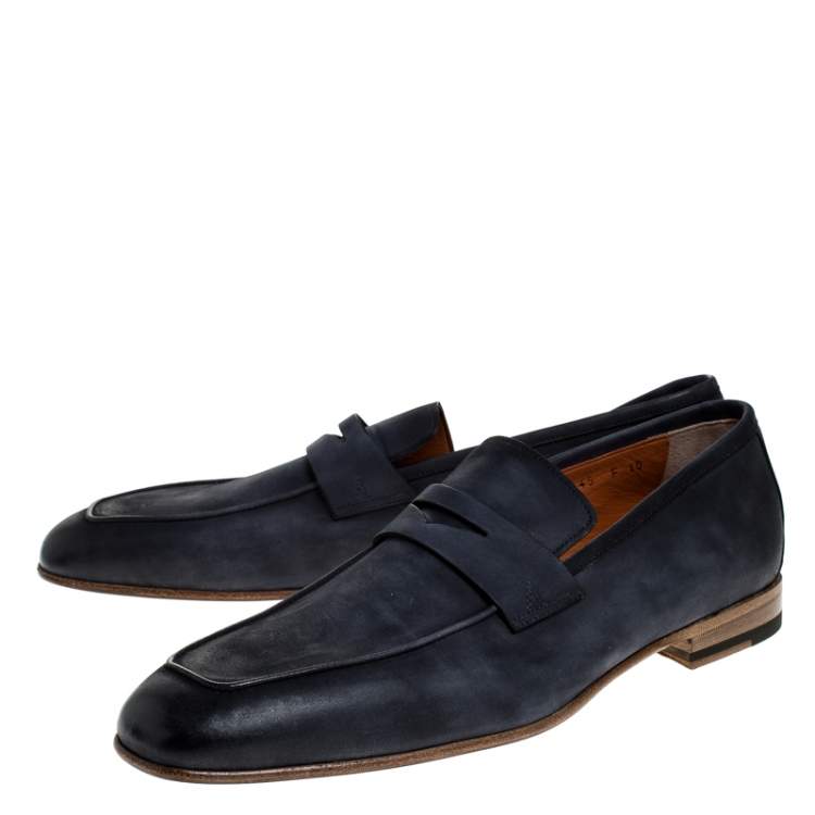 Pre Owned Santoni Blue Nubuck Leather Penny Slip On Loafers Size 44