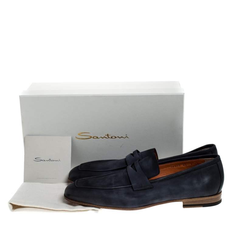 Pre Owned Santoni Blue Nubuck Leather Penny Slip On Loafers Size 44