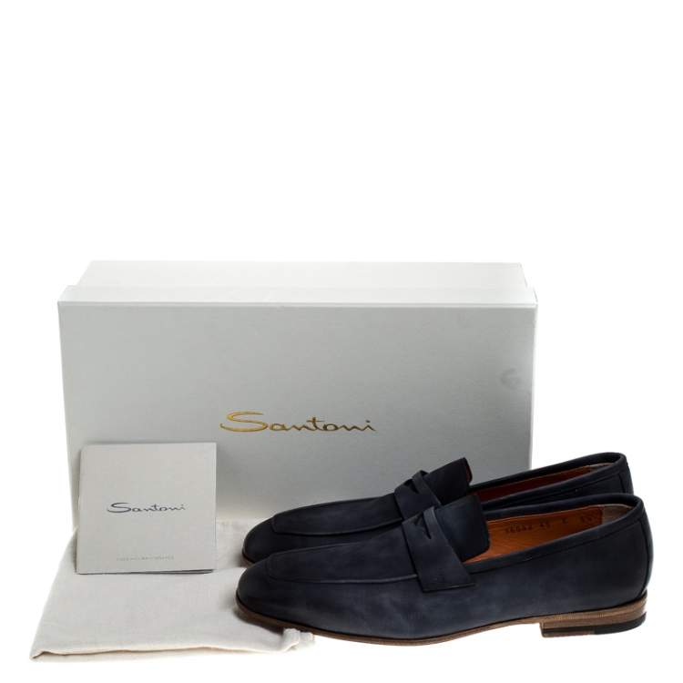 Pre Owned Santoni Blue Nubuck Leather Penny Slip On Loafers Size 40.5