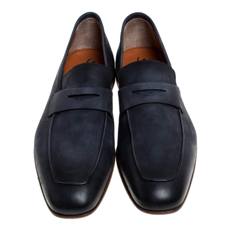 Pre Owned Santoni Blue Nubuck Leather Penny Slip On Loafers Size 40.5