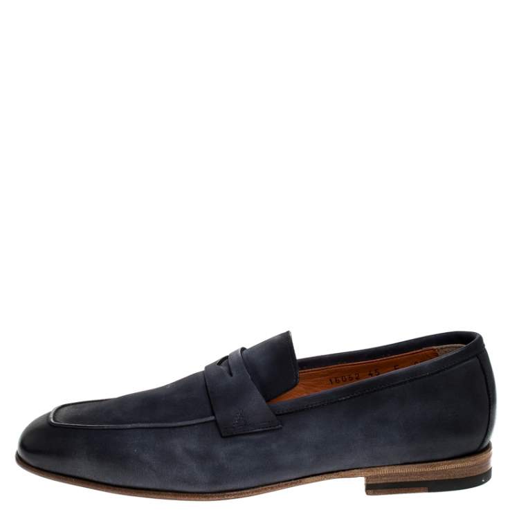Pre Owned Santoni Blue Nubuck Leather Penny Slip On Loafers Size 40.5