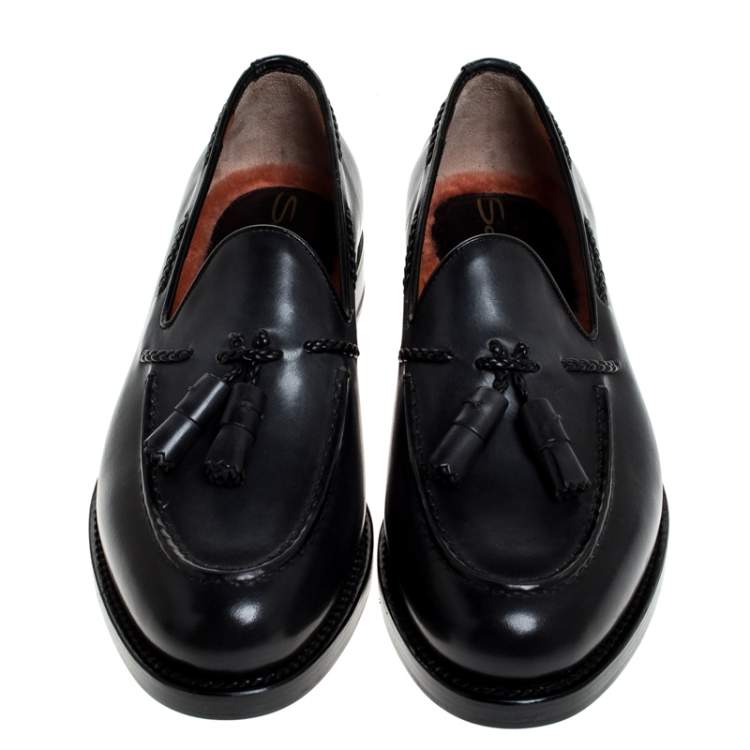 Pre Owned Santoni Grey Leather Tassel Detail Slip On Loafers Size 44