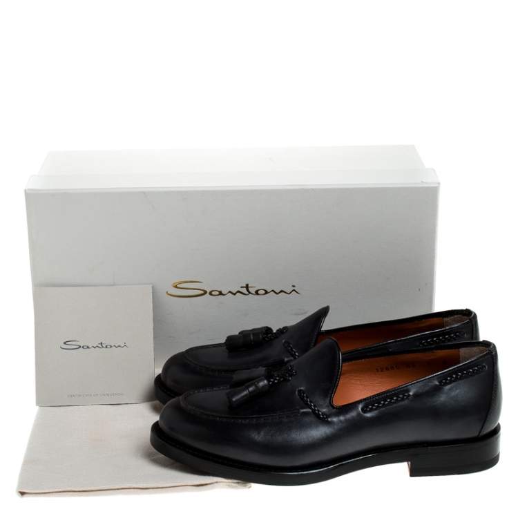 Pre Owned Santoni Grey Leather Tassel Detail Slip On Loafers Size 40