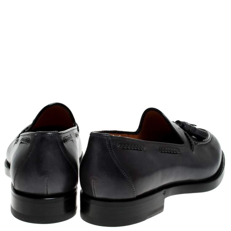 Pre Owned Santoni Grey Leather Tassel Detail Slip On Loafers Size 42