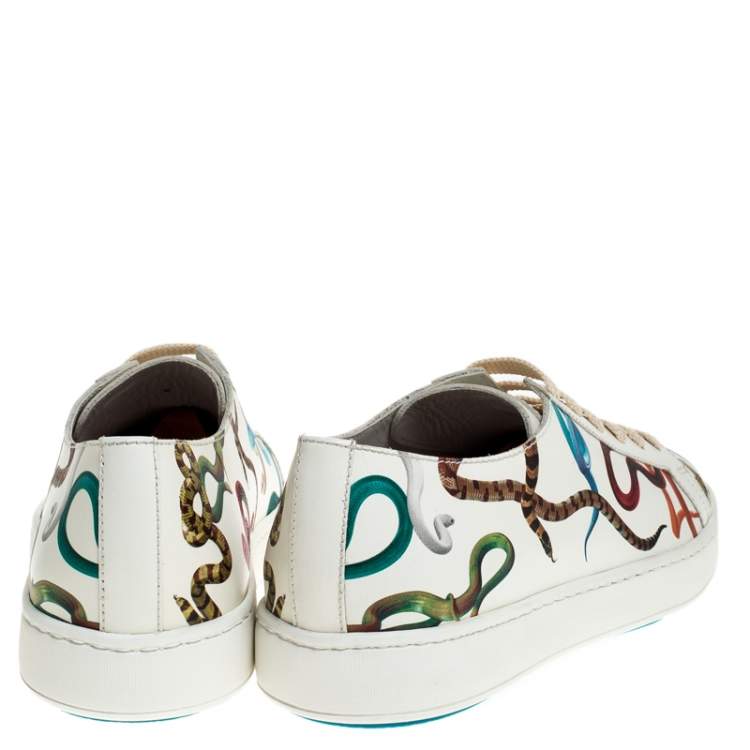 Pre Owned Santoni White Leather Snake Print Low Top Sneakers Size 41