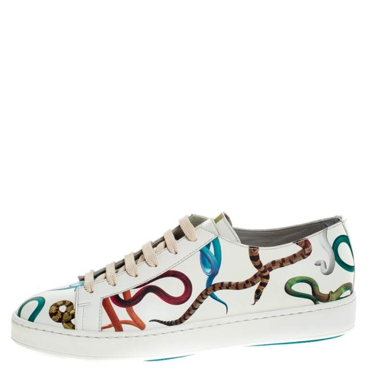 Pre Owned Santoni White Leather Snake Print Low Top Sneakers Size 41
