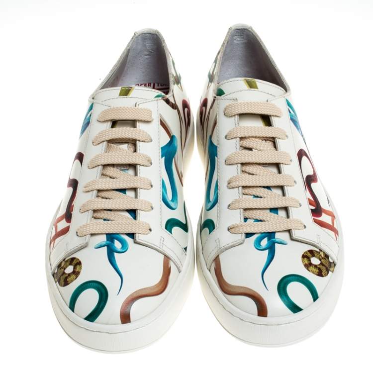 Pre Owned Santoni White Leather Snake Print Low Top Sneakers Size 41