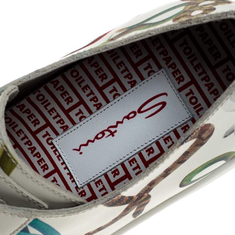 Pre Owned Santoni White Leather Snake Print Low Top Sneakers Size 41
