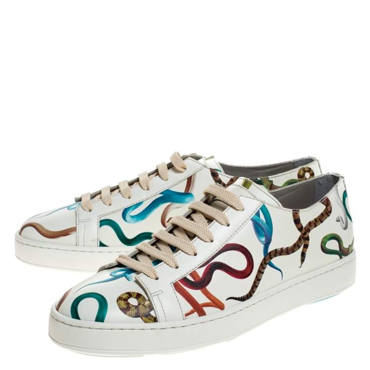 Pre Owned Santoni White Leather Snake Print Low Top Sneakers Size 42