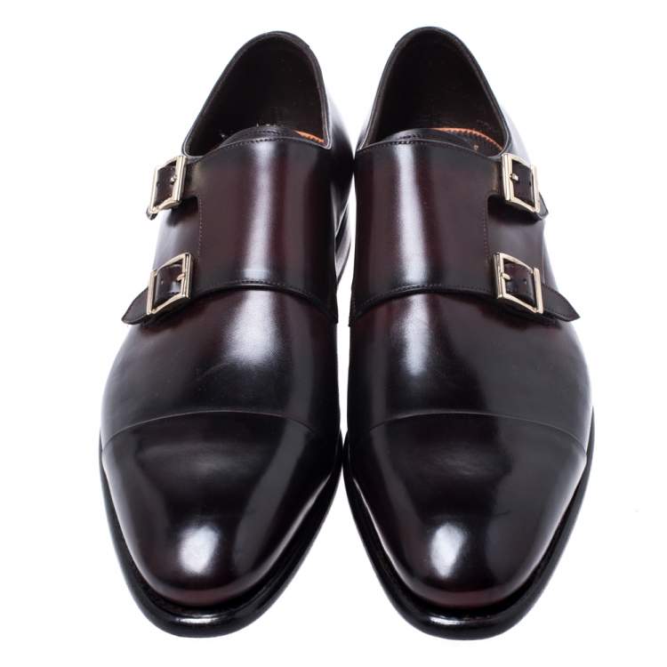 Pre Owned Santoni Burgundy Leather Double Buckle Monk Derby Size 44.5