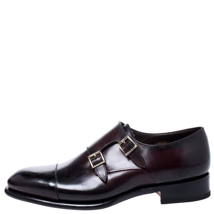 Pre Owned Santoni Burgundy Leather Double Buckle Monk Derby Size 44.5