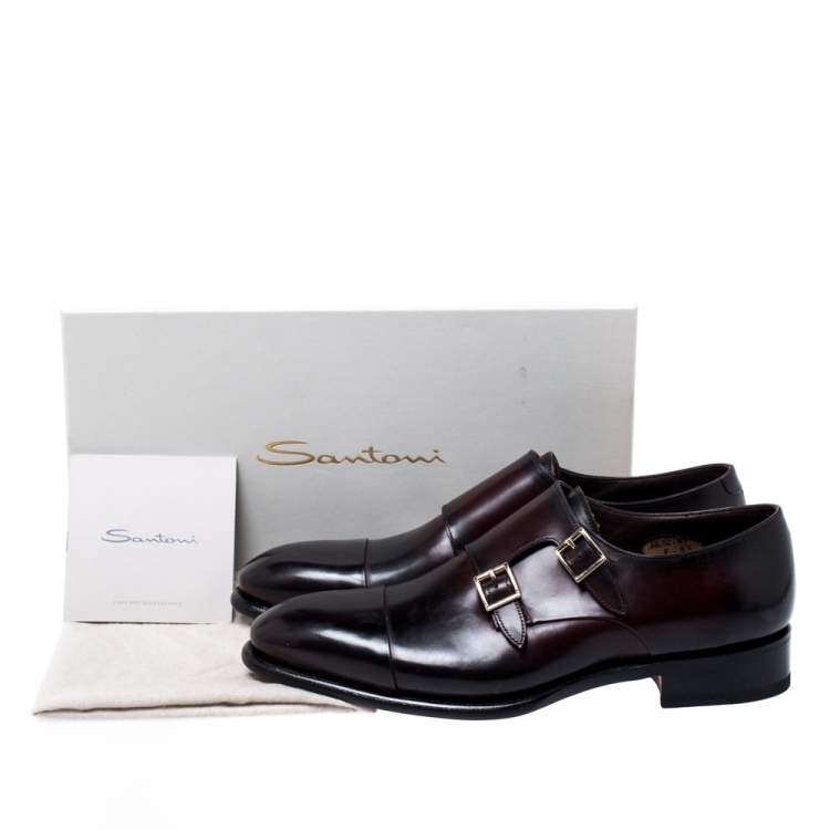 Pre Owned Santoni Burgundy Leather Double Buckle Monk Derby Size 44.5