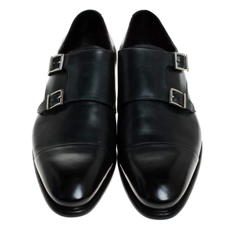 Pre Owned Santoni Olive Green Leather Double Buckle Monk Derby Size 44