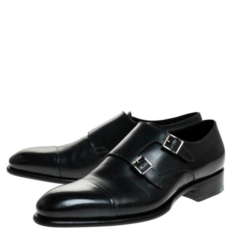 Pre Owned Santoni Olive Green Leather Double Buckle Monk Derby Size 44