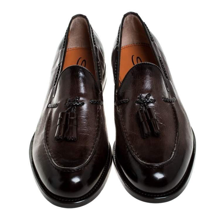 Pre Owned Santoni Brown Leather Tassel Detail Slip On Loafers Size 43