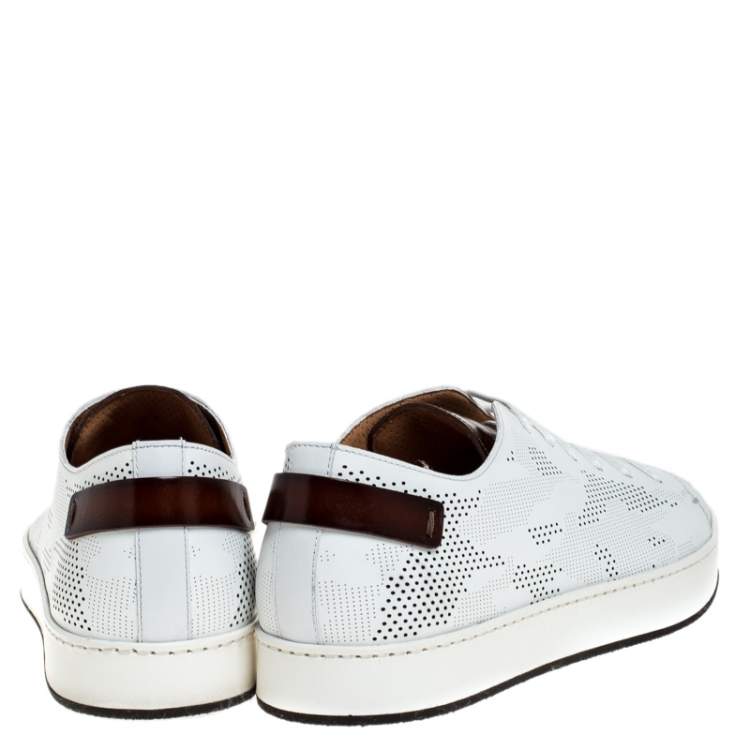 Pre Owned Santoni White Perforated Leather Low Top Sneakers Size 39.5