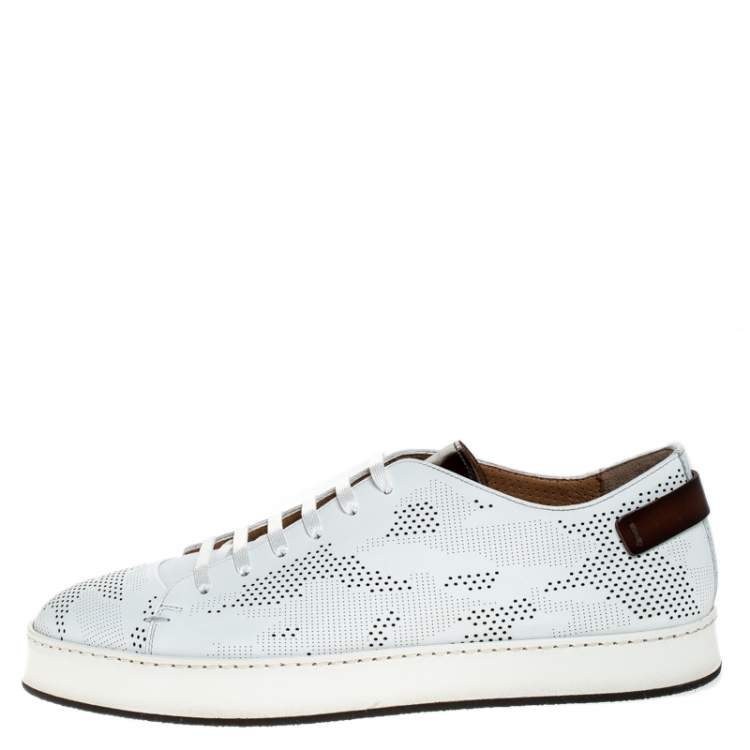 Pre Owned Santoni White Perforated Leather Low Top Sneakers Size 43