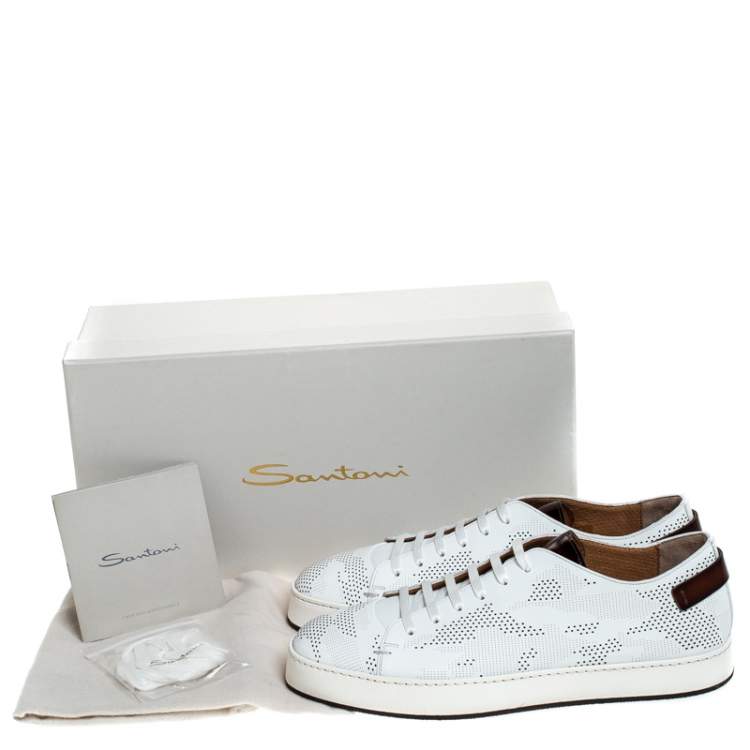 Pre Owned Santoni White Perforated Leather Low Top Sneakers Size 43