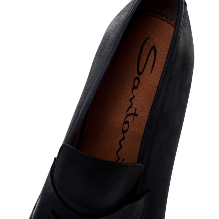 Pre Owned Santoni Blue Nubuck Leather Penny Slip On Loafers Size 42.5