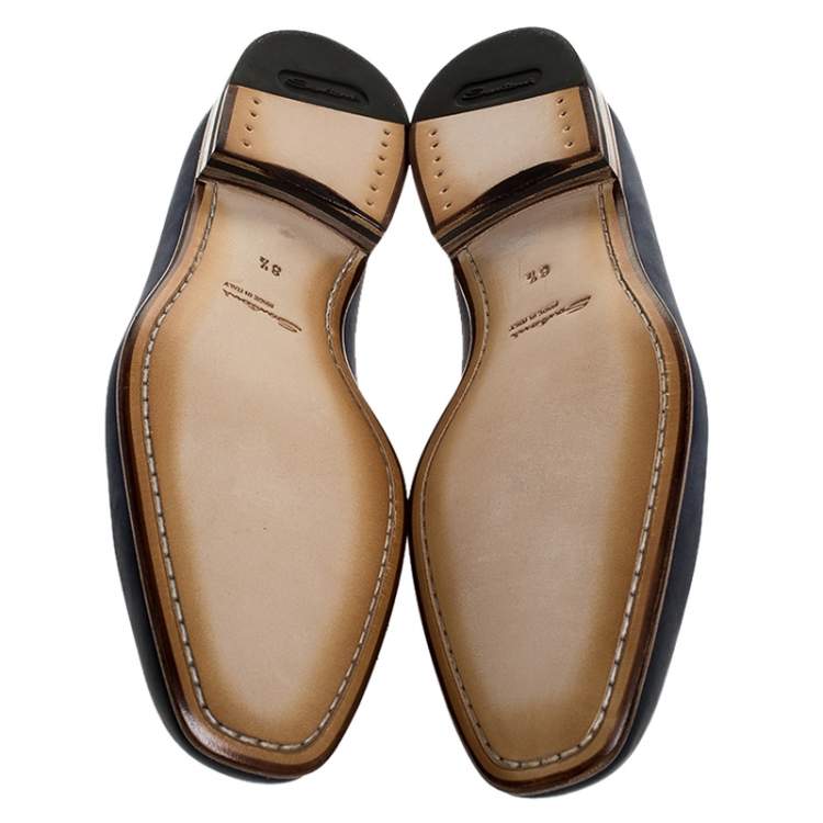 Pre Owned Santoni Blue Nubuck Leather Penny Slip On Loafers Size 42.5