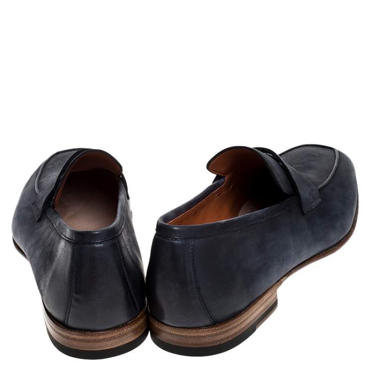 Pre Owned Santoni Blue Nubuck Leather Penny Slip On Loafers Size 42.5