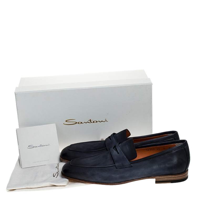 Pre Owned Santoni Blue Nubuck Leather Penny Slip On Loafers Size 42.5