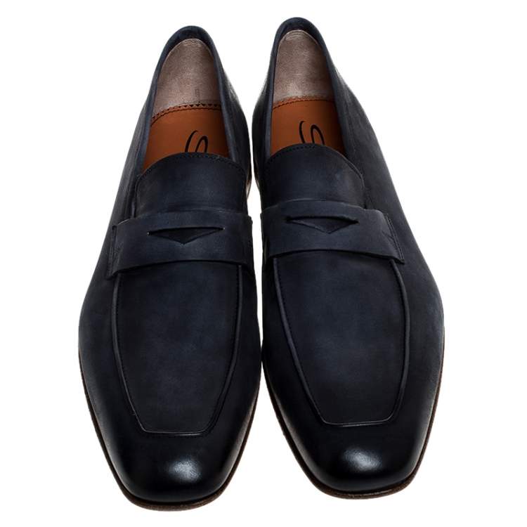Pre Owned Santoni Blue Nubuck Leather Penny Slip On Loafers Size 42.5