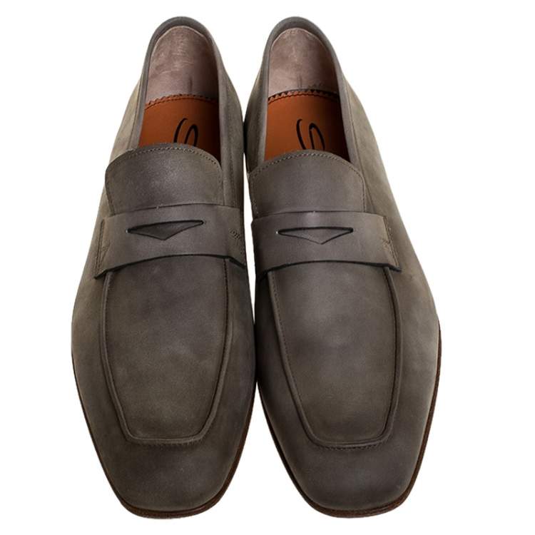 Pre Owned Santoni Grey Nubuck Leather Penny Slip On Loafers Size 41