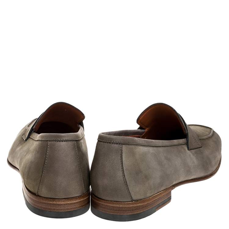 Pre Owned Santoni Grey Nubuck Leather Penny Slip On Loafers Size 41