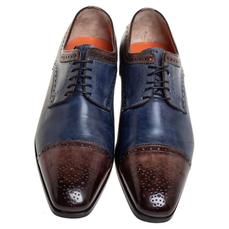 Pre Owned Santoni Blue/Brown Brogue Leather Lace Up Derby Size 43