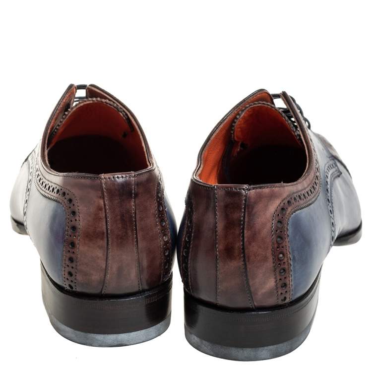 Pre Owned Santoni Blue/Brown Brogue Leather Lace Up Derby Size 43