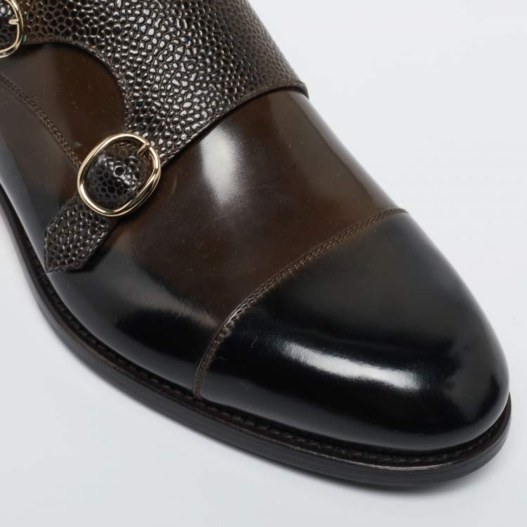 Pre Owned Santoni Brown/Black Lizard Embossed And Leather Double Buckle Monk Derby Size 43