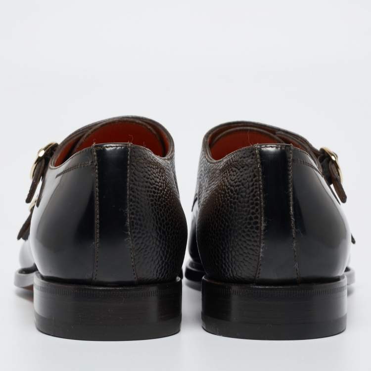 Pre Owned Santoni Brown/Black Lizard Embossed And Leather Double Buckle Monk Derby Size 43