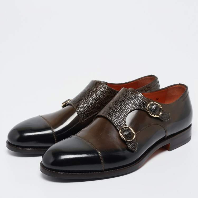 Pre Owned Santoni Brown/Black Lizard Embossed And Leather Double Buckle Monk Derby Size 43