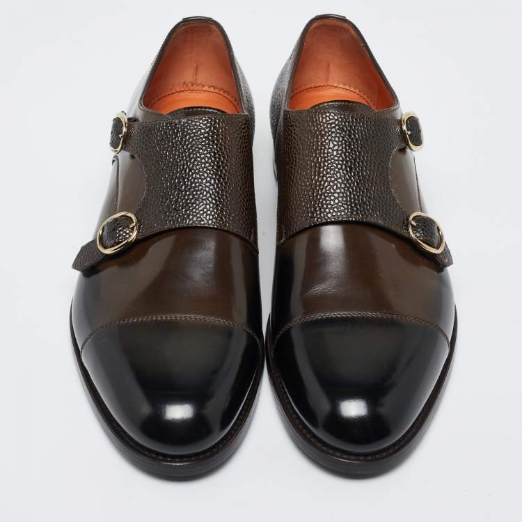 Pre Owned Santoni Brown/Black Lizard Embossed And Leather Double Buckle Monk Derby Size 43