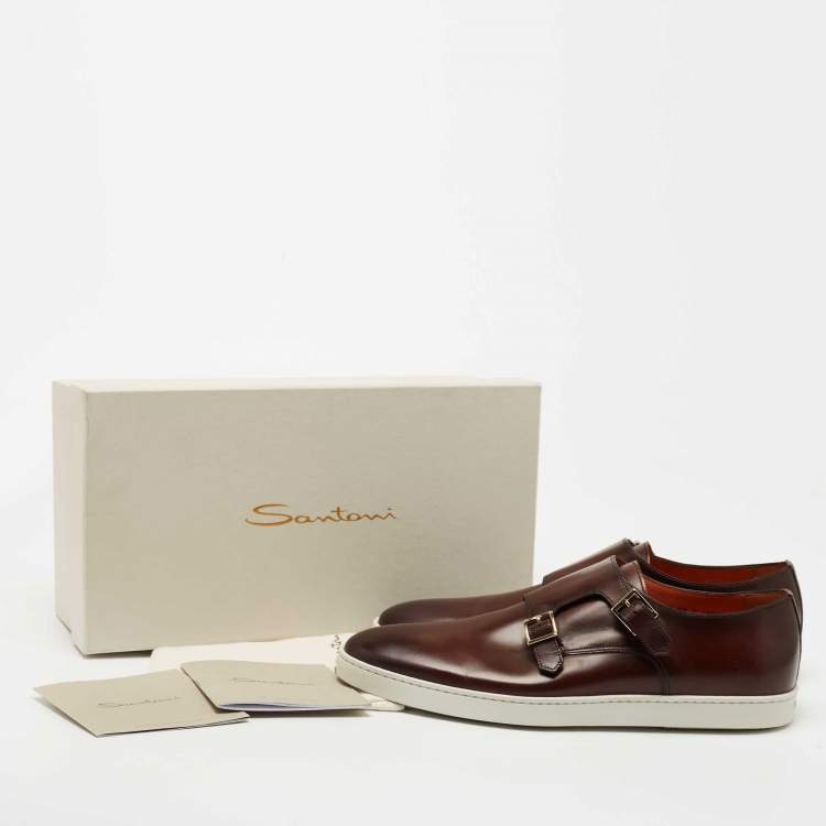 Pre Owned Santoni Brown Leather Freemont Monk Strap Sneakers Size 44.5