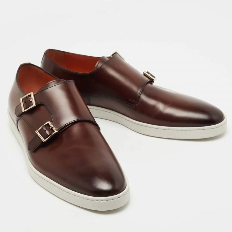 Pre Owned Santoni Brown Leather Freemont Monk Strap Sneakers Size 44.5