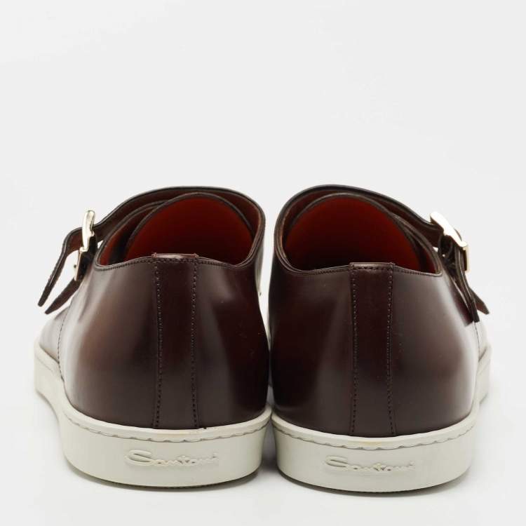 Pre Owned Santoni Brown Leather Freemont Monk Strap Sneakers Size 44.5