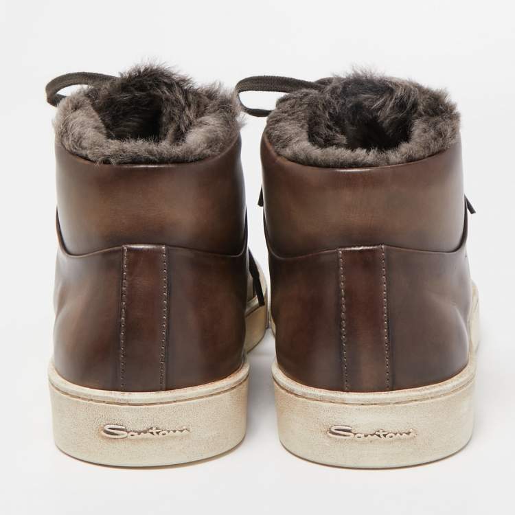 Pre Owned Santoni Brown Leather And Fur High Top Sneakers Size 44
