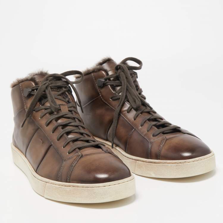 Pre Owned Santoni Brown Leather And Fur High Top Sneakers Size 44